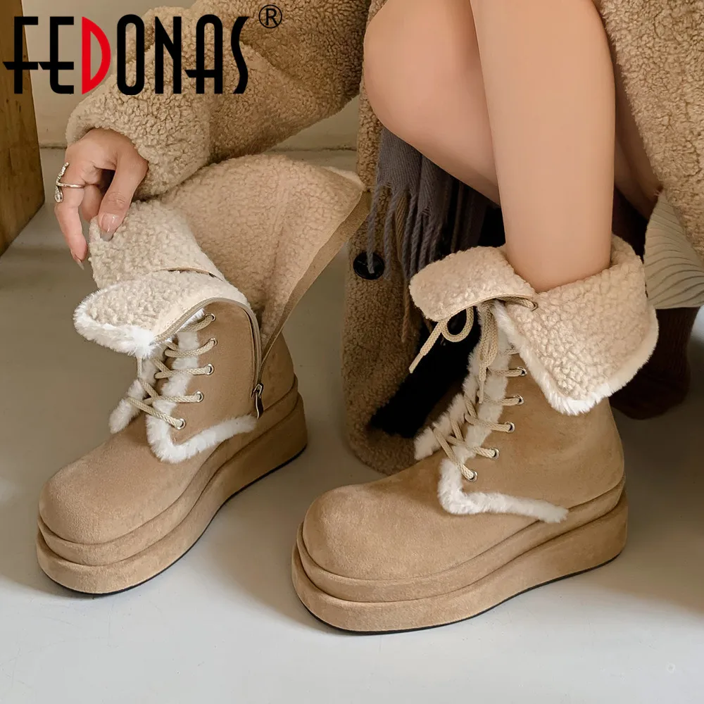 

FEDONAS Women Mid-Calf Boots Thick Platforms Winter Wool Blend Warm Snow Boots Cross-Tied Popular Side Zipper Casual Shoes Woman