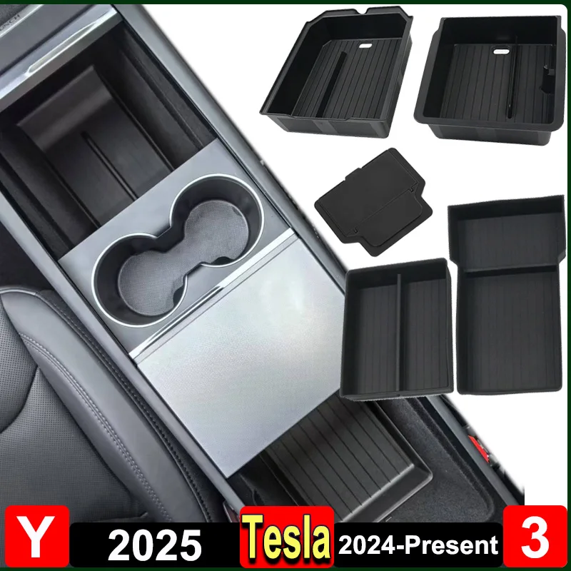 For Tesla Model Y Juniper 2025 Center Console Storage Organizer Box Tray Model 3 Highland 2024 Armrest Box Hidden Accessories