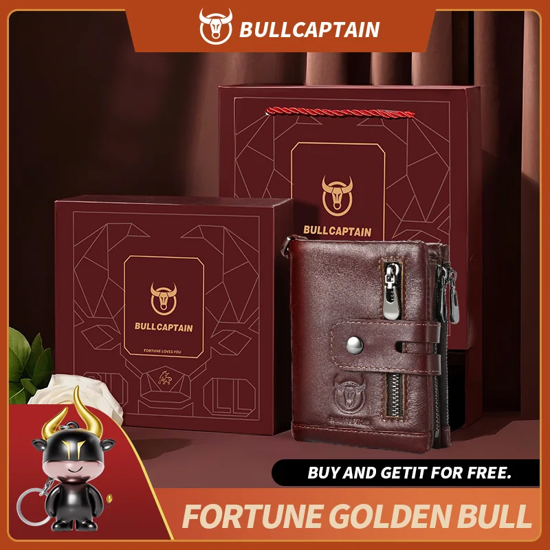 Leather Wallet Bullcaptain Genuine Leather Men's Wallet Rfid Protect Credit Card Holder with Chain