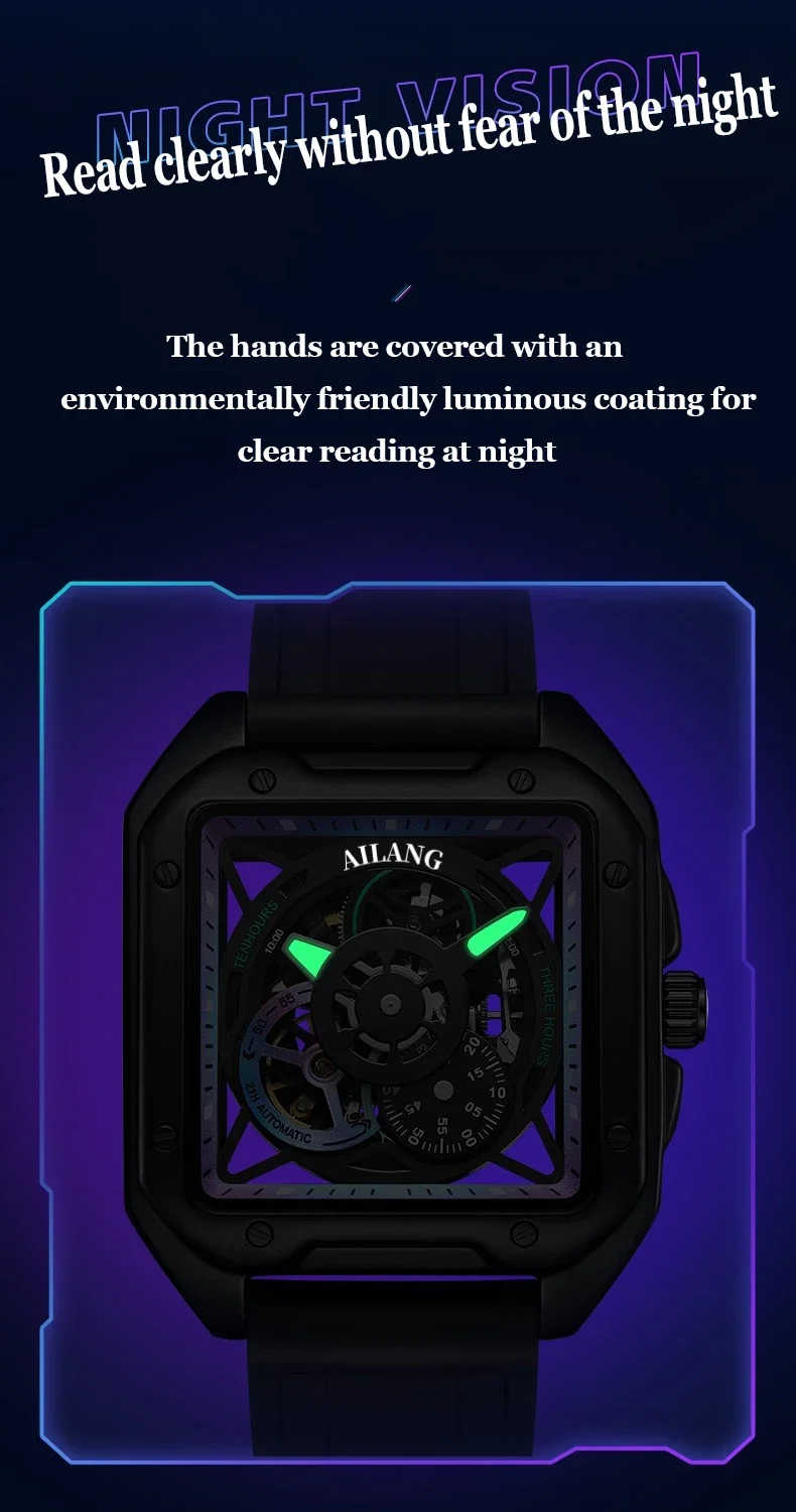 AILANG 2025 Herren Skelett Automatik-Mechanische Uhr Leuchtend Wasserdicht Quadratisches Großes Zifferblatt Modische Herrenuhr 41mm Zifferblatt – Detail 13