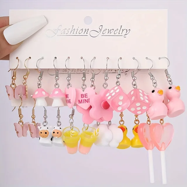 12 Pairs/ Set Cute Cartoon Series Dangle Earrings Duck Dice DuckMushroom Butterfly Cow Design Ear Jewelry Female Gift 4