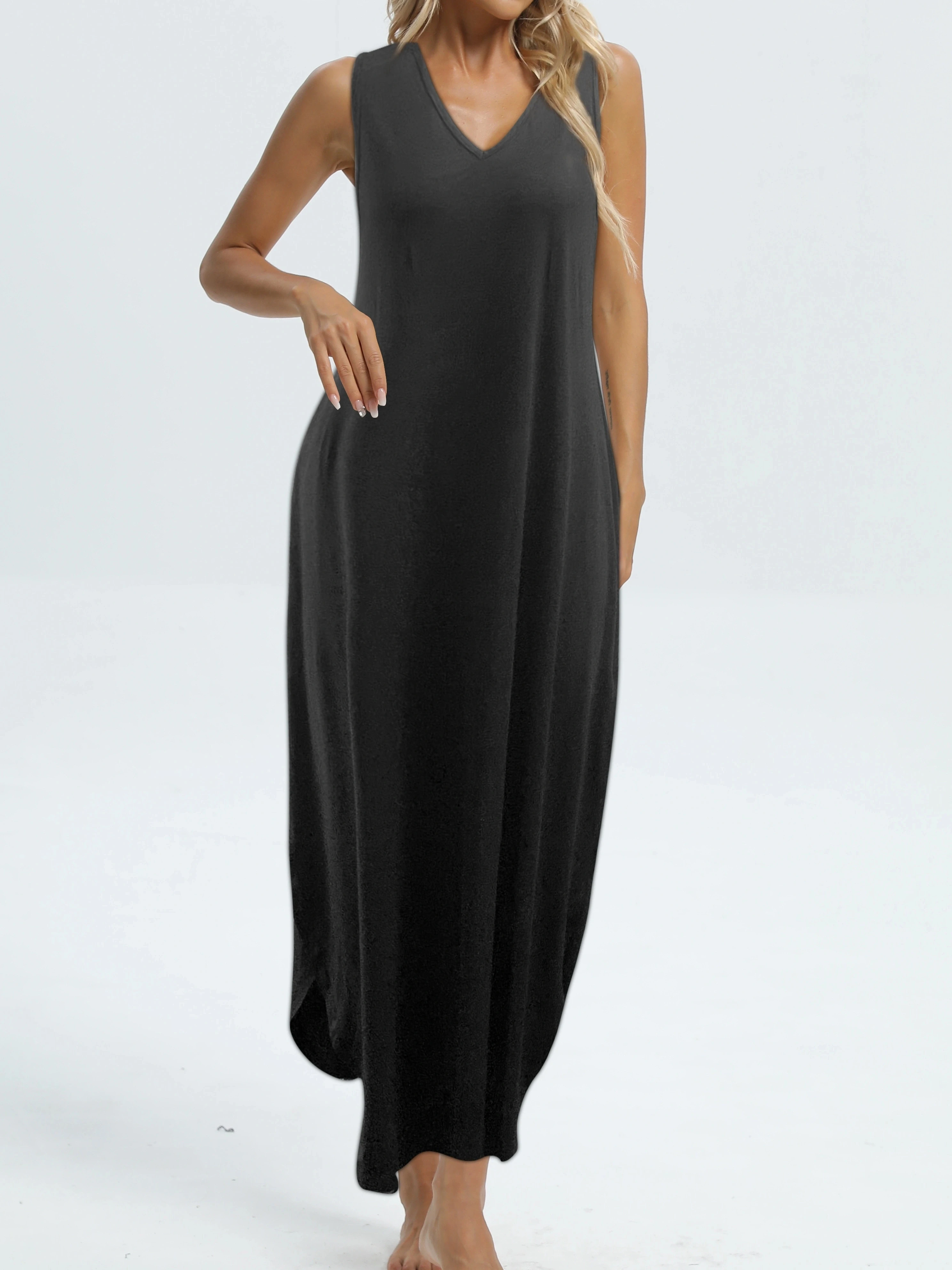 Vestido De Verano Mujer - Cuello En V, Sin Mangas, Fruncido Y Largo Hasta El Tobillo | Tejido 95% Poliéster, 5% Elastán | Con Bolsillos
