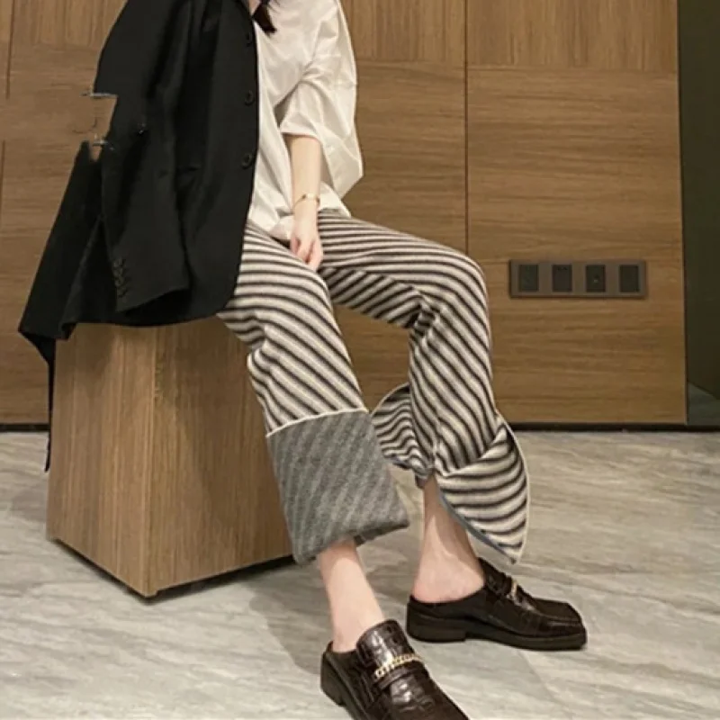 

Inner Slit Slightly Flared Wide-Leg Pants ~ Wool Blended High Waist Striped Slimming Thick Knitted Trousers for Women