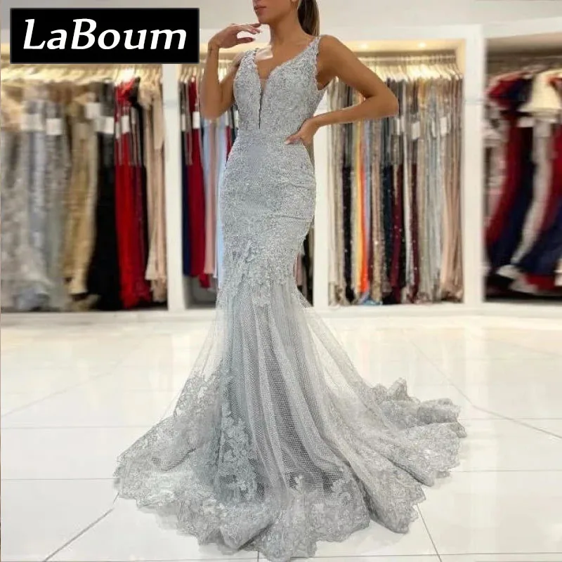 

LaBoum Elegant Prom Dresses for Women V-neck Lace Appliques V-back Mermaid Formal Cocktail Evening Party Gowns vestidos de gala