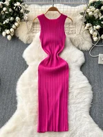 SINGREINY Women Sheath Long Dress O Neck Sleeveless Solid Pleated Knit Elastic Fashion Elegant Stiped Retro Sexy Bodycon Dress 6