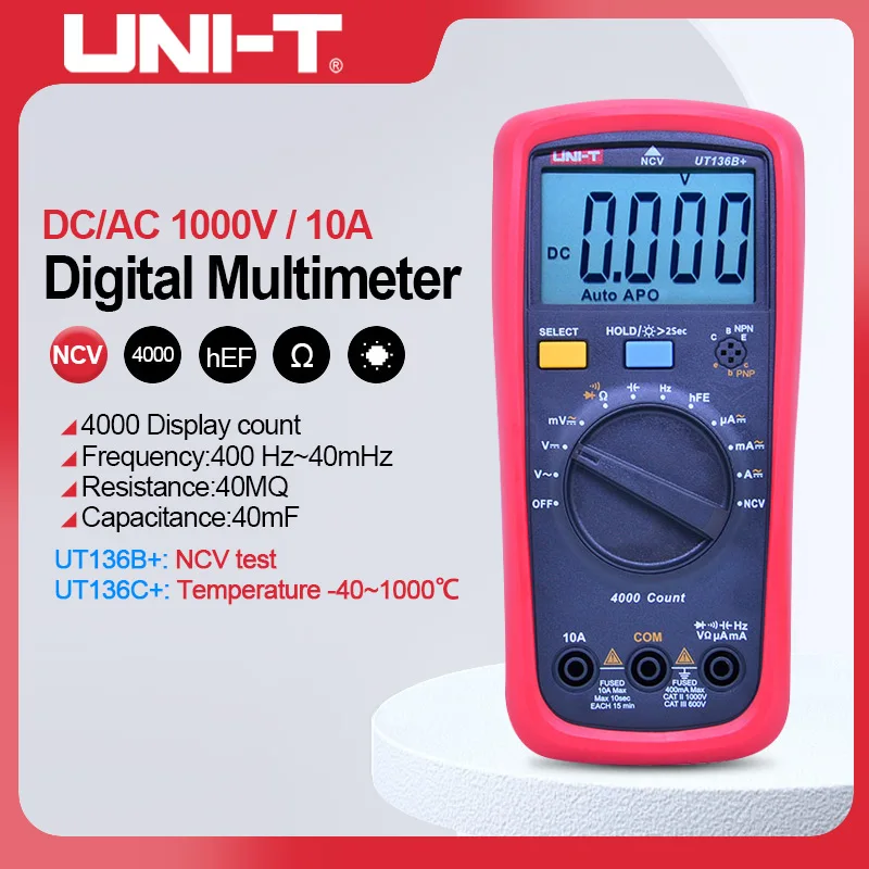 

UNI-T UT136B+ UT136C+ Digital Multimeter Automatic Rang 1000V 10A AC DC Capacitor Frequency Temperature Diode NCV Tester