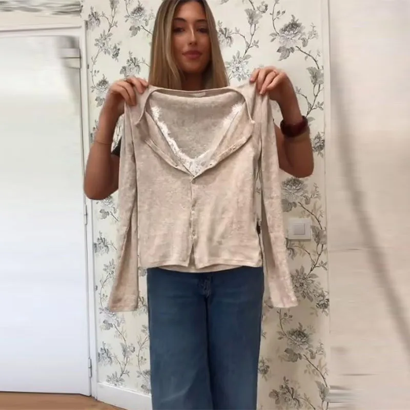 Frauen Sexy Pure Desire Spitze Strap Weste 2 Stück Set Einreiher Slim Fit Volle Hülse Strickjacke 2025 Neue dame Mode Oberbekleidung – Detail 11