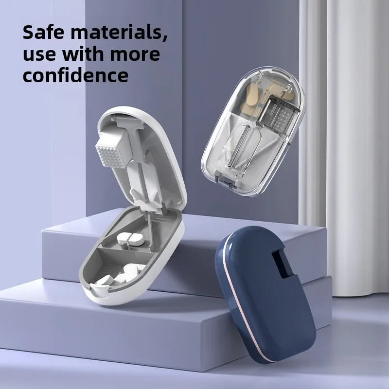 Portable 2 in 1 Pill Cutter and Storage Box Medicine Divider for Half Quarter Tablet Cutting Pill Organization