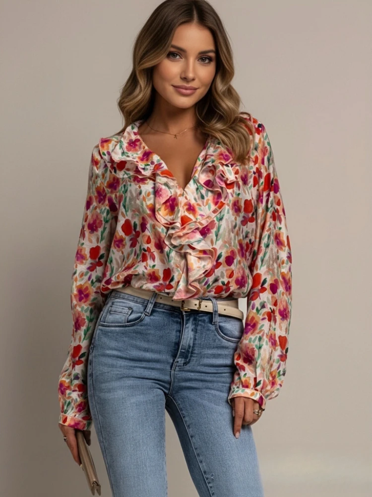 Elegant 2025 New Women's Lotus Leaf Edge V-Neck Printed Shirt Fashion Loose Casual Lantern Sleeve Women's Pullover Shirt