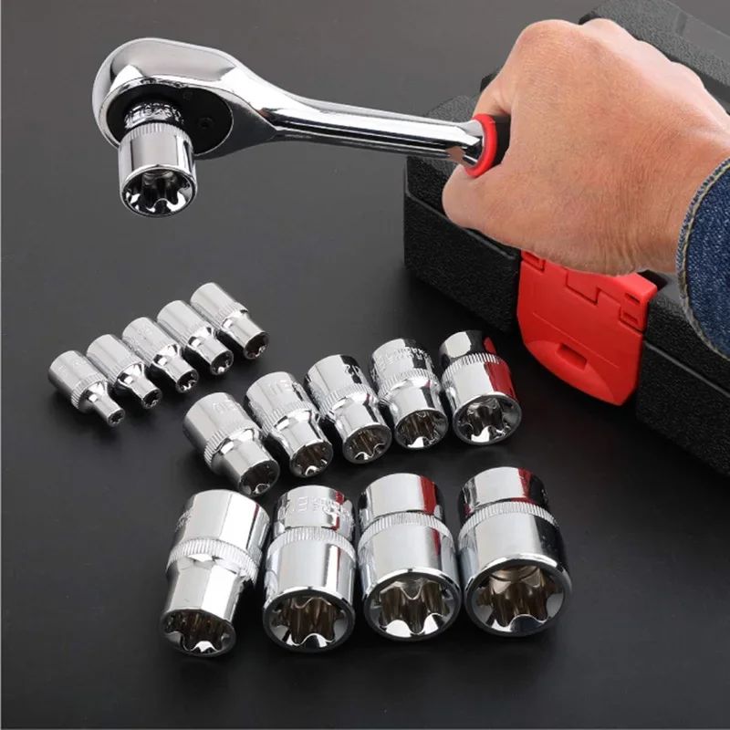 14PCS E-Torx Star Socket Set 1/4" 3/8" 1/2" Bits Drive E4-E24 Female Torx Socket Insert Nut Handheld Tool Torque Wrench Adater