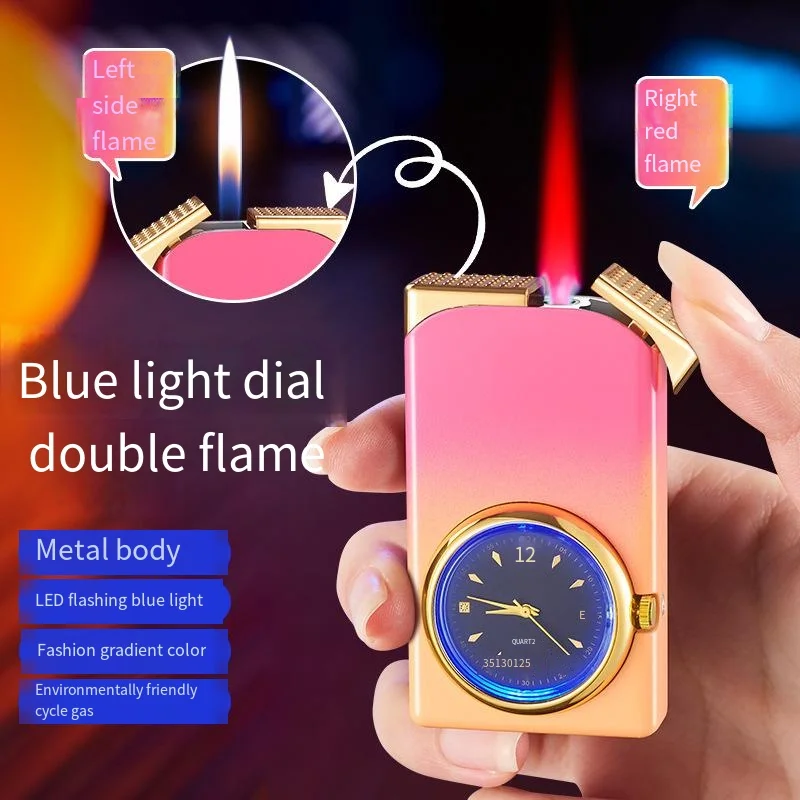 Double Flame Watch Inflatable Lighter Fantasy Three-in-one Dial Personalized Gradient Color Jet Flame Lighter Cool Gift Lady