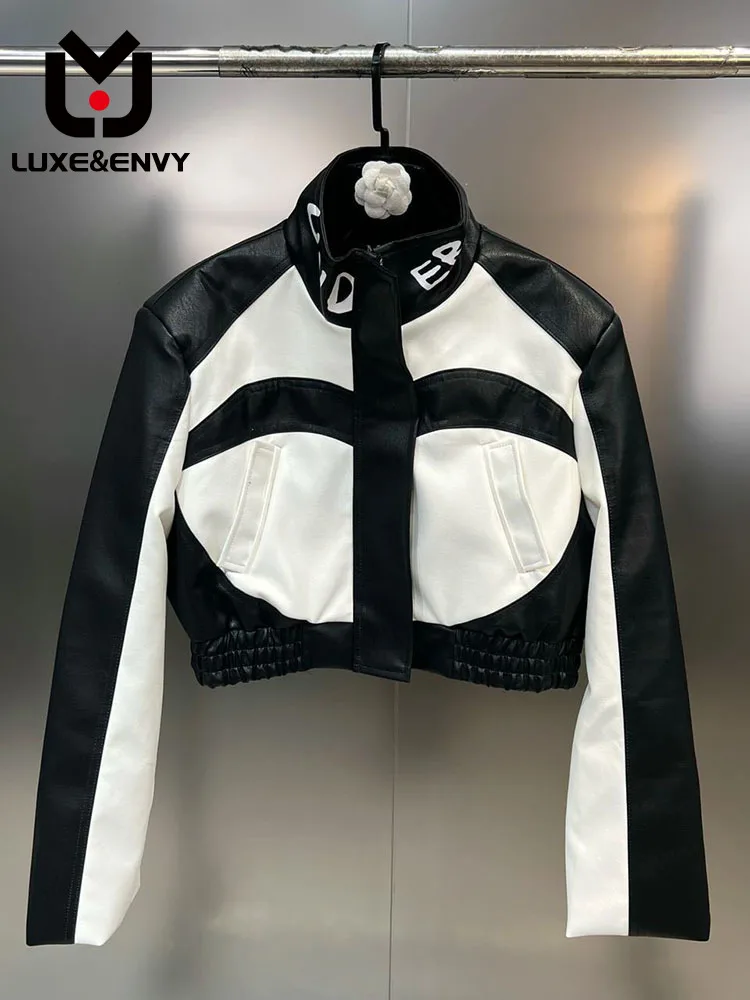 

LUXE&ENVY Red Letter Printing Black White Contrast PU Leather Coat Women's 2023 Spring Motorcycle Loose Short 2023 Autumn