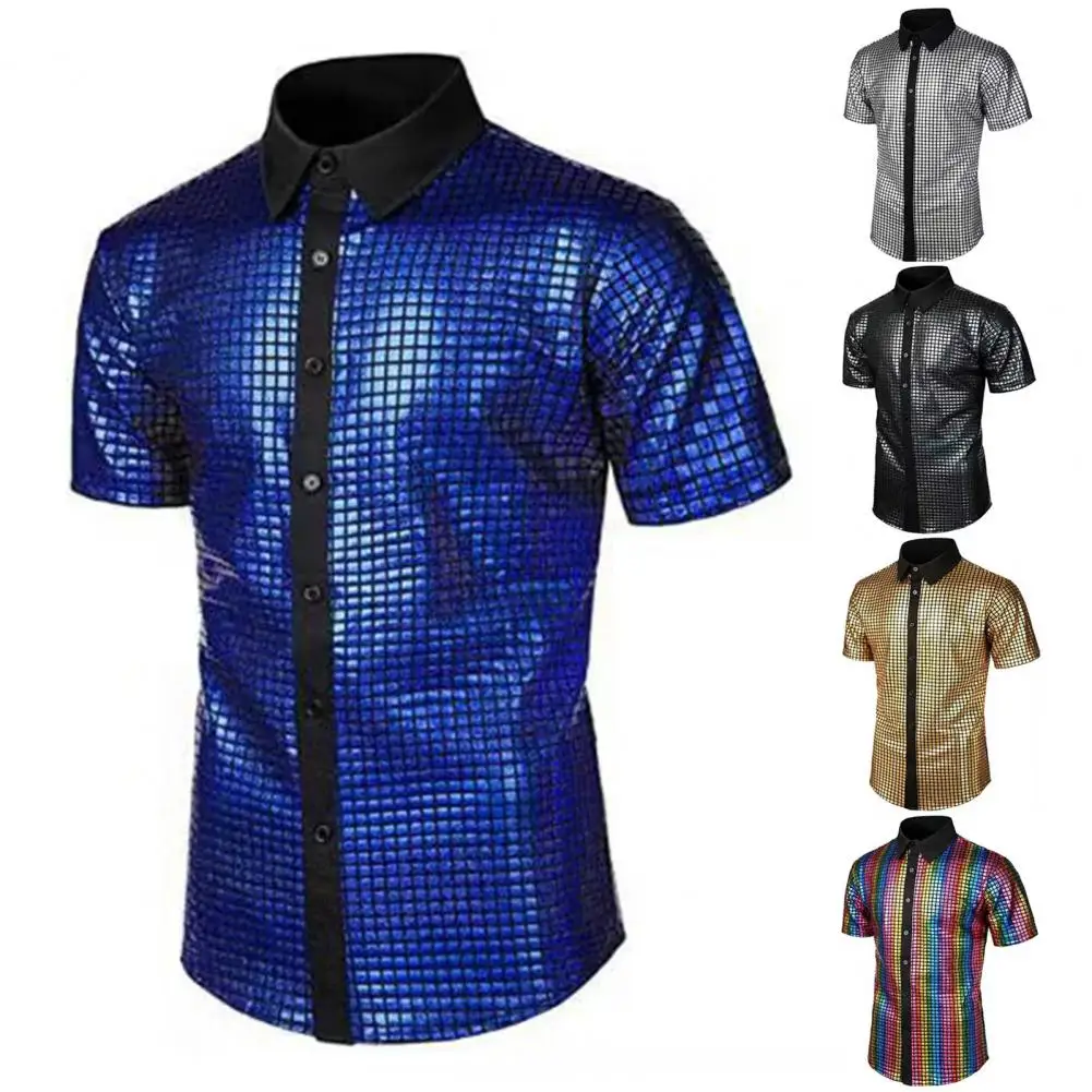 

Disco Dance Top Men's Slim Fit Performance Shirt with Turn-down Collar for Nightclub Festivals Glossy Surface Contrast Color