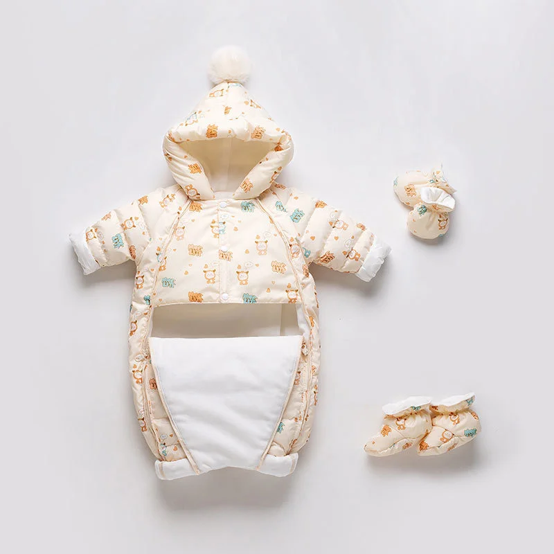 Winter baby down jacket jumpsuit newborn boys thickening outdoor hug kid clothes girls plush printed rompers hooded footies Baby Jumpsuit