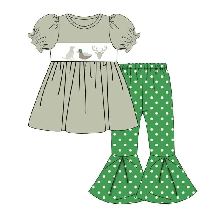 

Boutique children set short-sleeved elastic duck dog print bell-bottom pants for girls and boys plaid trousers set baby romper