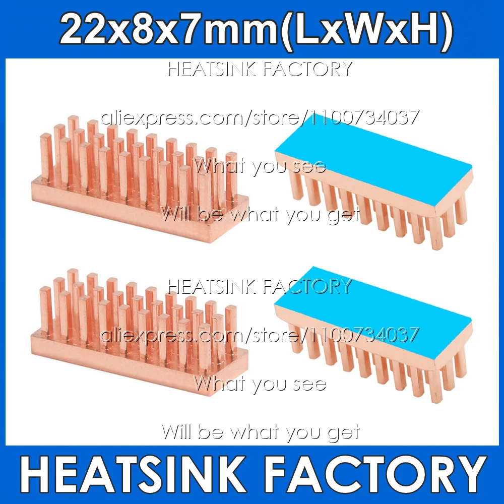 

Pure Copper 22x8x7mm Radiator Cooling Heatsink DIY Cooler For Memory RAM VGA DDR GPU IC Chipset With Thermal Tape Assembled
