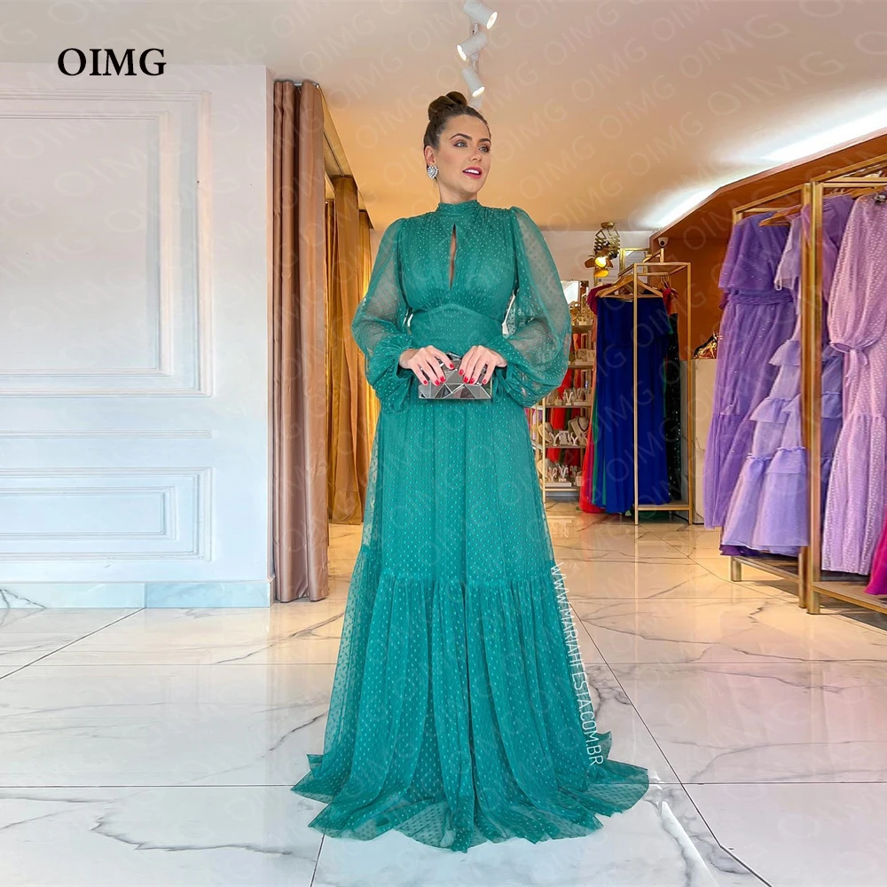 

OIMG High Neck Green Dots Full Sleeves Prom Dresses A Line Long Evening Gowns Party Formal Dress Occasion Event Vestidos