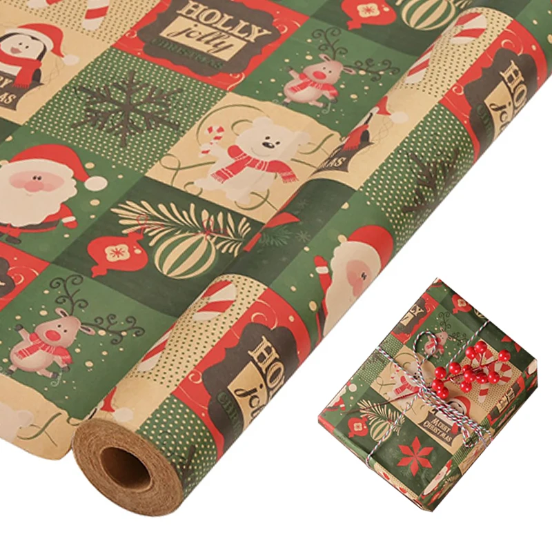 Roll Package Gift Wrapping Paper: Christmas Kraft Paper With Festive