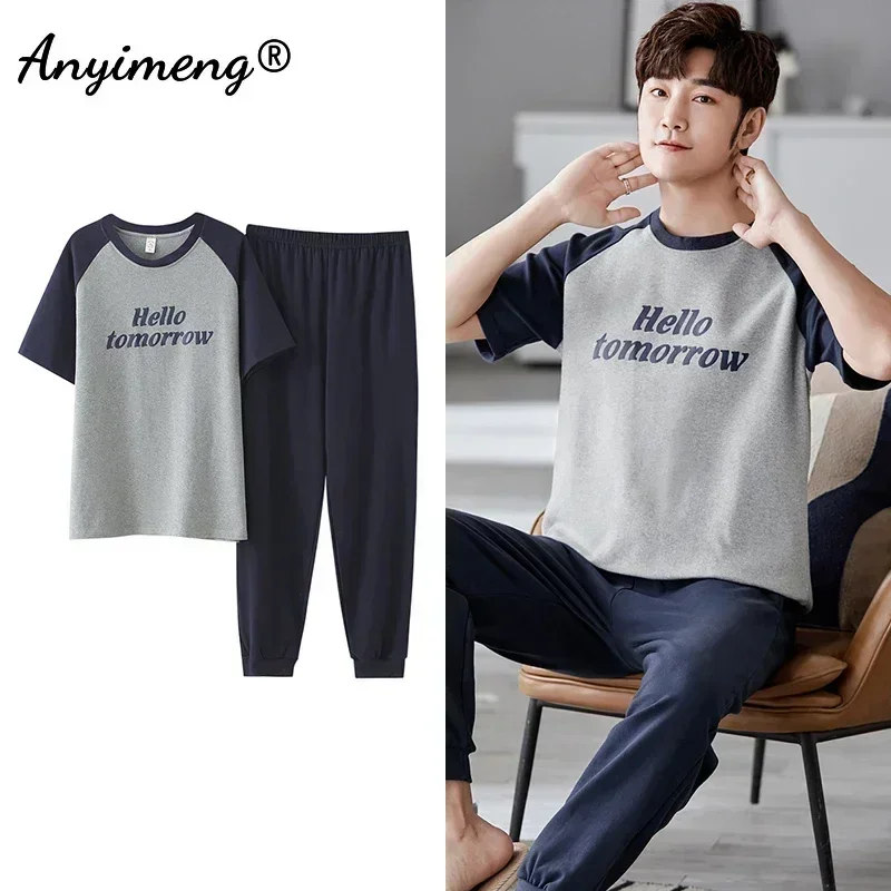 Mens Pajamas 3xl 4xl Sleepwear Short Sleeved Long Pants Cotton Leisure Pyjamas Boy Plaid Pants Men Summer Nightwear