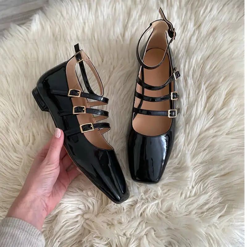 Onlymake Women Flats Square Toe Patent Leather Mary Jane Strap Retro Elegant Big Size Daily Flats Pumps women shoes,women flats