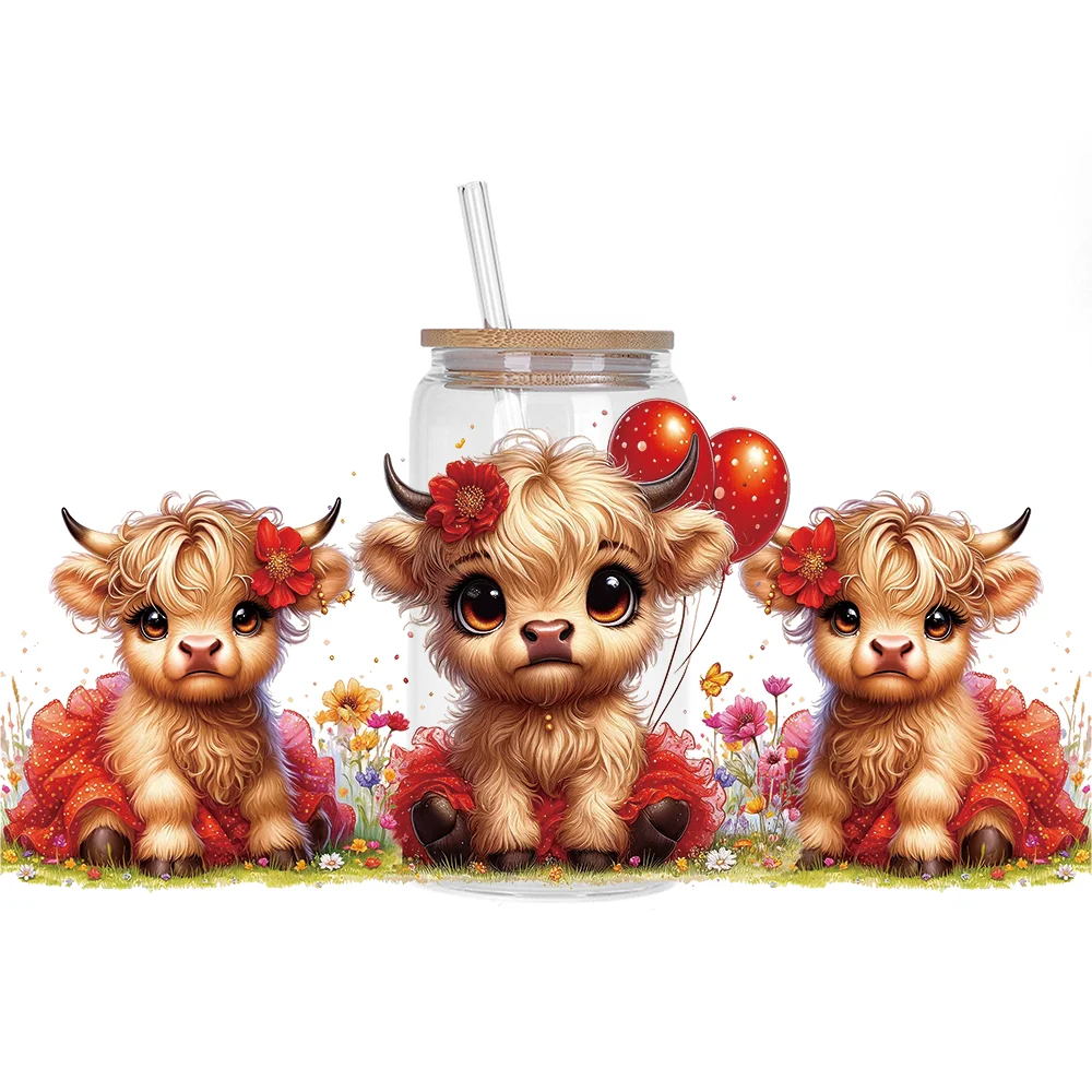 Highland cattle series Easy peel waterproof DIY Decals 3D transfers uvdtf crystal stickers 16oz uv dtf cup wraps for Glasses