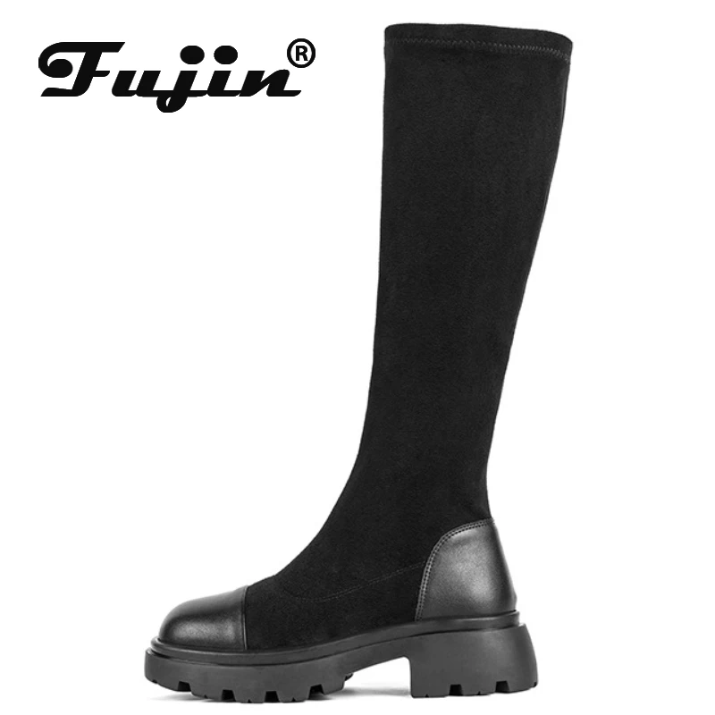 

Fujin 5cm 2024 Stretch Fabric Knee High Spring Fashion Sock Booties Autumn Motorcycle Women Ankle Boots Platform Wedge Shoes