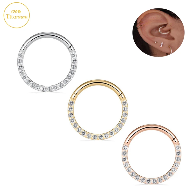 G23 Titanium Ear Piercing Earrings Zircon Hight Segment Clickers Septum Nasal Ring Cartilage Tragus Helix Lip Piercing Jewelry