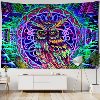 사이키델릭 올빼미 태피스트리 벽걸이 보헤미안 히피 아트 공상 과학 소설 태피스 요술 룸, 홈 데코