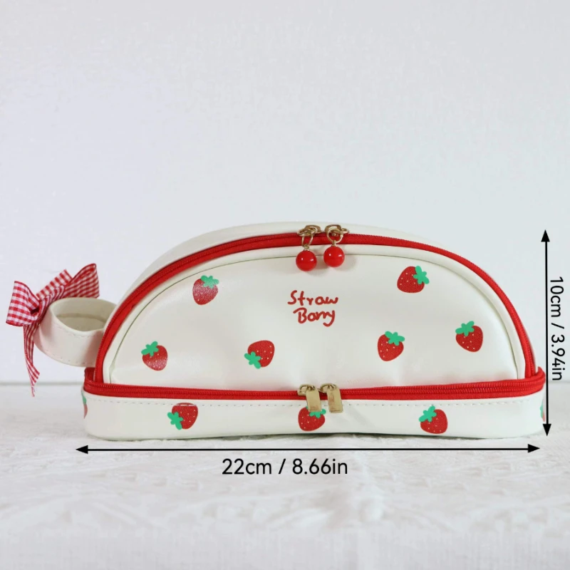 Cute Strawberry Love Pen Bag for Cool Girl PU Easy to Clean Butterfly Knot Stationery Storage Bag Birthday Gift Pen 1pc