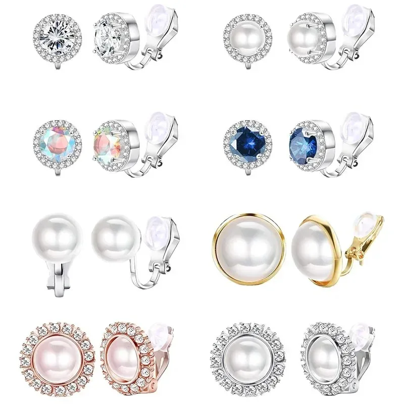Ear Clip Earrings 1Pair Candy Color Colorful Geometry Zircon Pearl Earrings European Style Earclip Earnail Women Ear Clip Fake Piercing