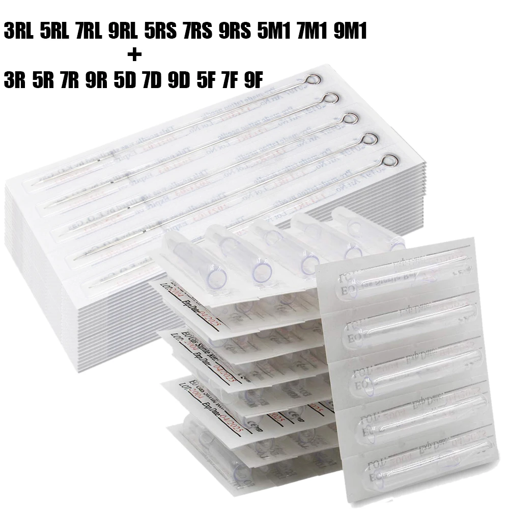 Disposable Tattoo Needles and Tips Set Mix 3/5/7/9RL 5/7/9RS 5/7/9M1 Sizes Needles with Sterilized Tattoo Needle Tubes Combo