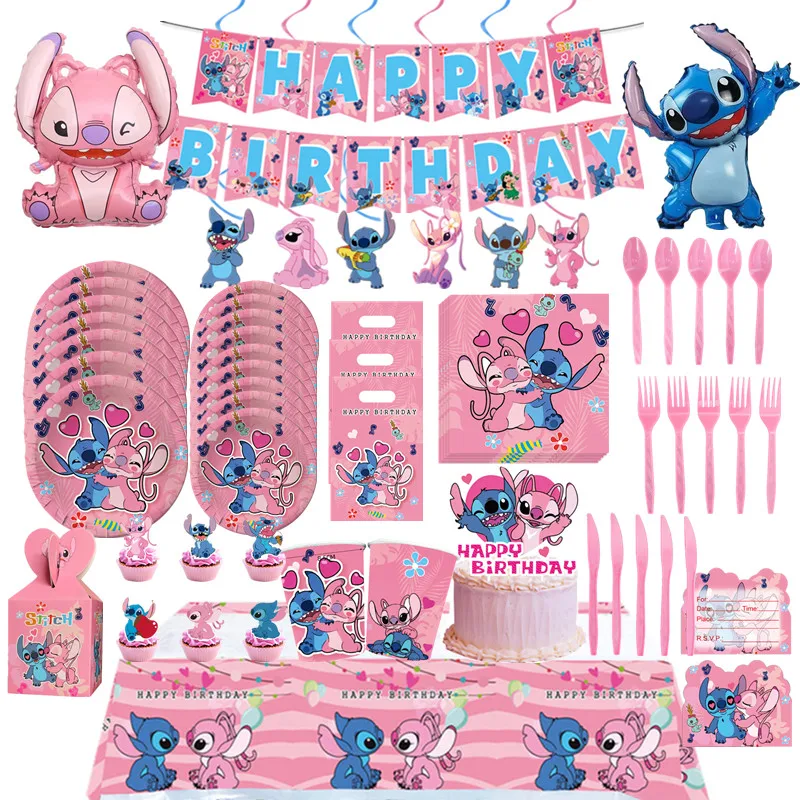 

Pink Lilo &Stitch Girl's Birthday Decoration Disposable Paper Plate Banner Napkin cup Balloons Baby Shower Kids Party Supplies