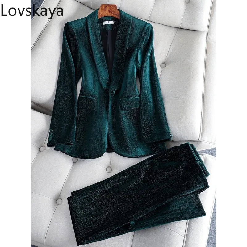 

Long Sleeve Work Wear 2 Piece Set Green Wine Jacket Blazer And Trouser Women Autumn Winter Pant Suit Ladies Formal