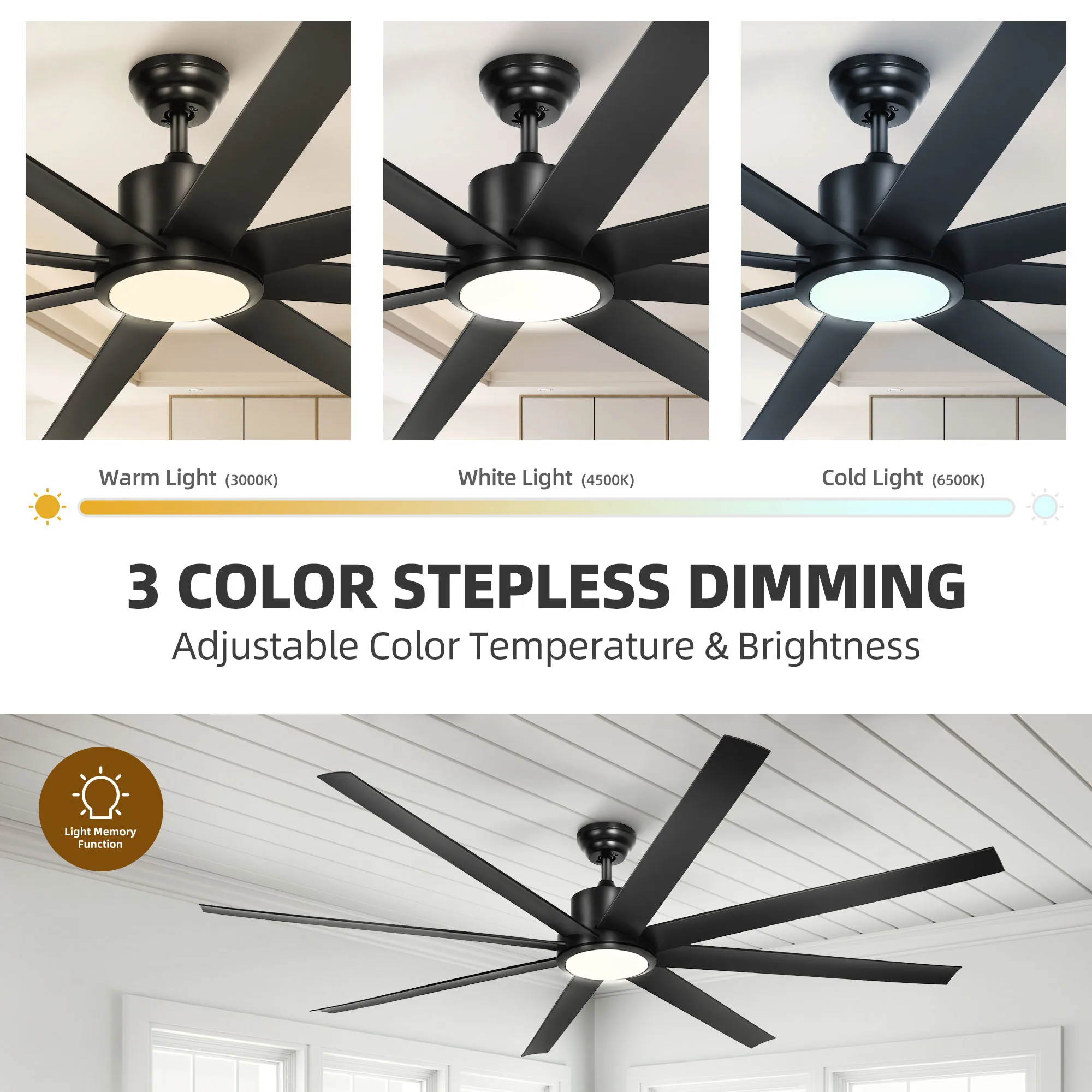 72" Modern Ceiling Fan Reversible 6 Speeds Quiet Motor w/ Light & Remote Control