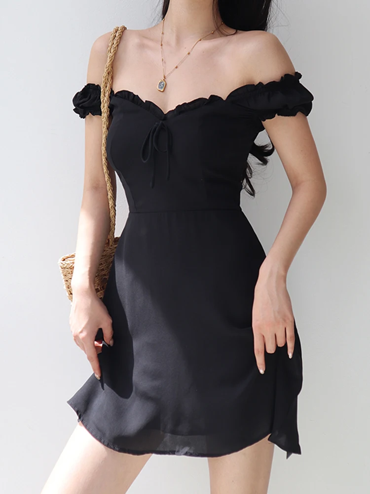 

Women's Puff Sleeve Slim Dress Summer Sexy Sweet Lace-Up Square Neck Bodycon Dress Solid Color Backless Dresses