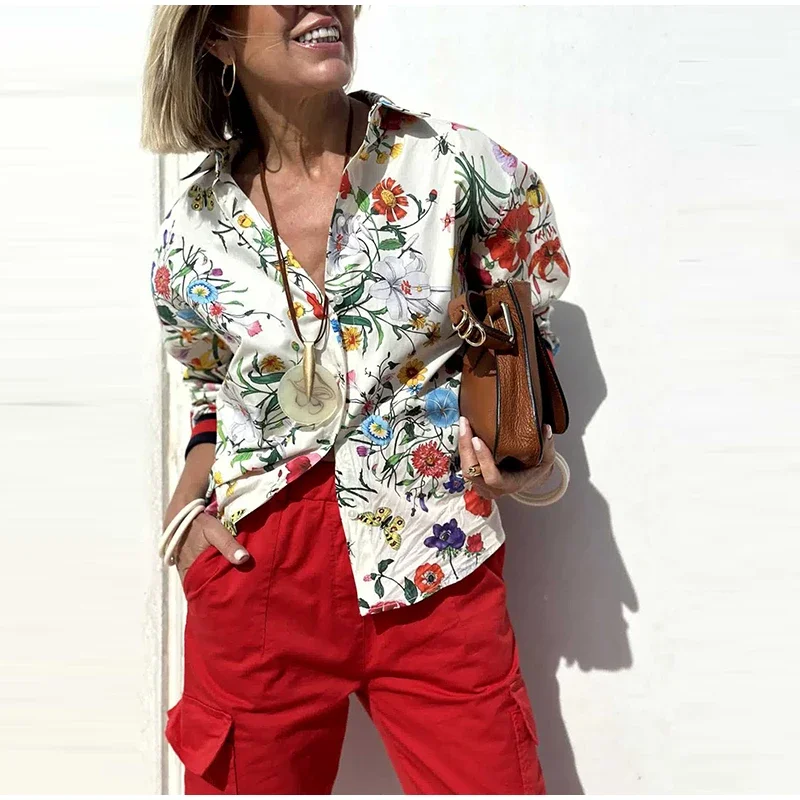 2024 Print 2 Pant Set Ladies Chic Lapel Shirt Set Wide Leg Pants Spring/summer Streetwear
