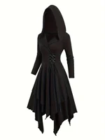 European and American fashion plus size long sleeve Gothic lace-up hooded irregular dress pure black handkerchief hem.