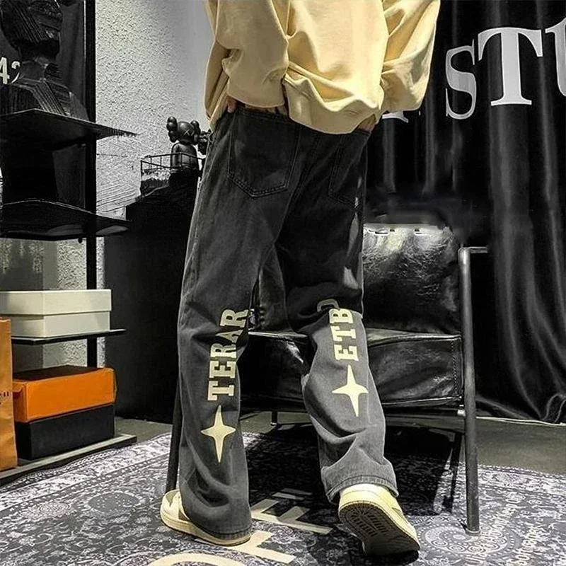 thumbnail image 1 of Pantalones vaqueros para hombre con cruces, pantalones vaqueros para hombre, pantalones de pierna ancha, ropa de calle, estampado de estrellas, holgados, estéticos, estilo Harajuku, de diseñador, tall, 1 of 5