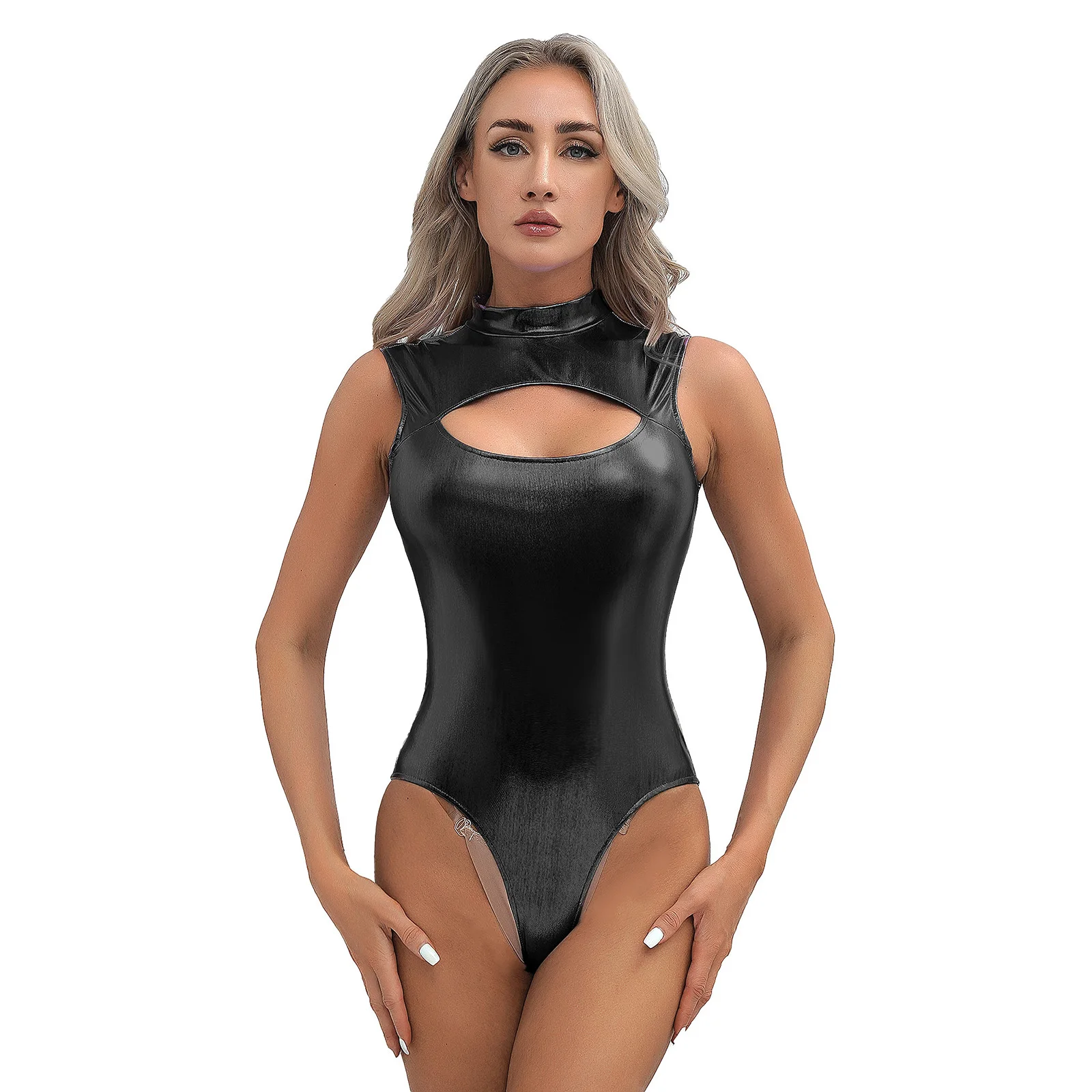 Body de mujer con escote alto y parte delantera metalizada, ropa de club, atuendo rave, leotardo con cremallera invisible en la espalda, traje de baño para fiesta en la piscina