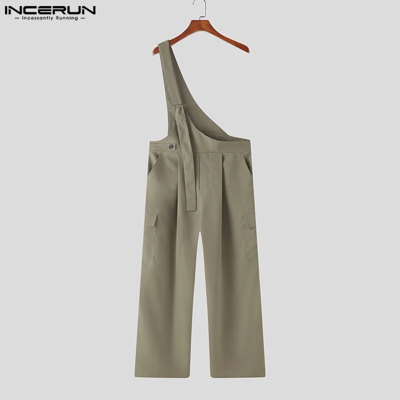 Men Jumpsuits Solid Color Loose Sleeveless Casual One Shoulder Fashion Rompers Streetwear Male Cargo Overalls Pants INCERUN Denim Overalls