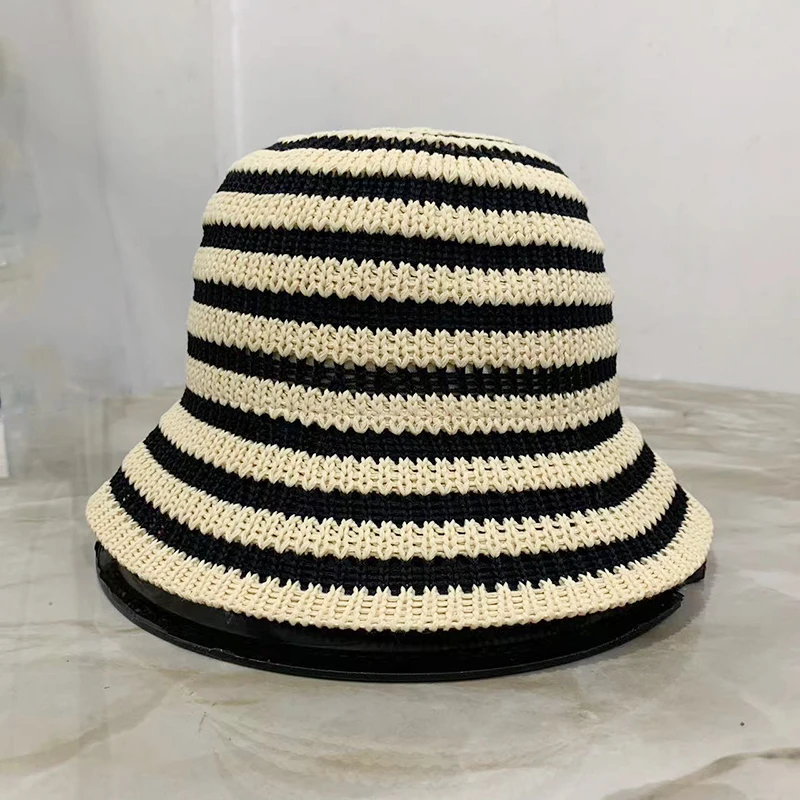 Women Bucket Hat Striped Hollow Bucket Hats For Women Spring Summer Sun Hat Female Crochet Fishermen Cap Outdoor Travel Basin Caps Panama Women Hat Bucket Hat