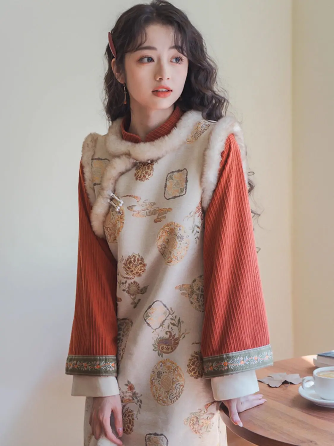 Autumn Winter Chinese Style Thickened Cheongsam Red Set Chinese Qipao Style Elegant Temperament All-Match Dress chinese dress