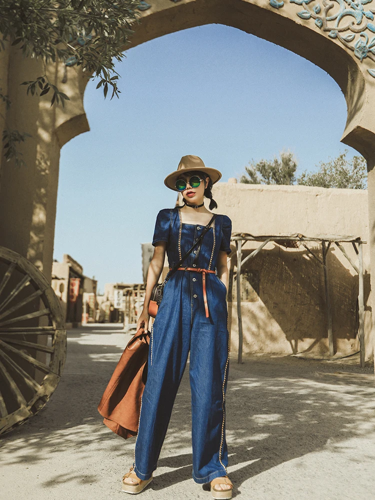 TIYIHAILEY Free Shipping 2022 New Women Wide Leg Denim Jumpsuit And Rompers S-L Thin Summer Trousers With Pockets