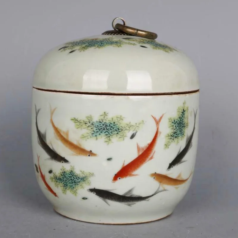 

4.92" Chinese Famille Rose Porcelain Pot Qing Tongzhi Koi Carp Fish Tea Caddy