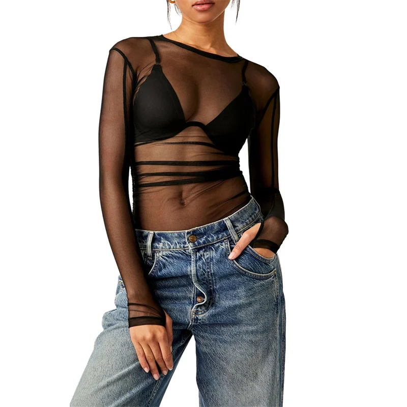 

See Through Tops y2k Clothing Women Solid Color Round Neck Long Sleeve Mesh T Shirt 2000s Aesthetic Clothes Sexy Party Clubwear