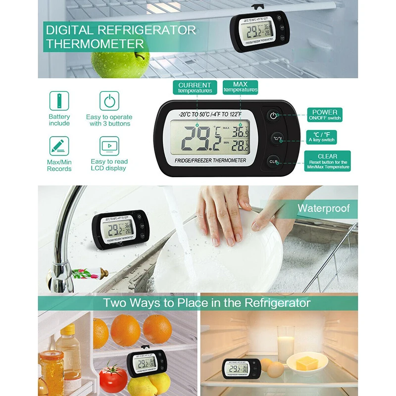 Fridge Thermometer With Hook Anti-Humidity Refrigerator Freezer Electric LCD Display Digital Thermometer Temperature Monitor digital thermometer refrigerator thermometer