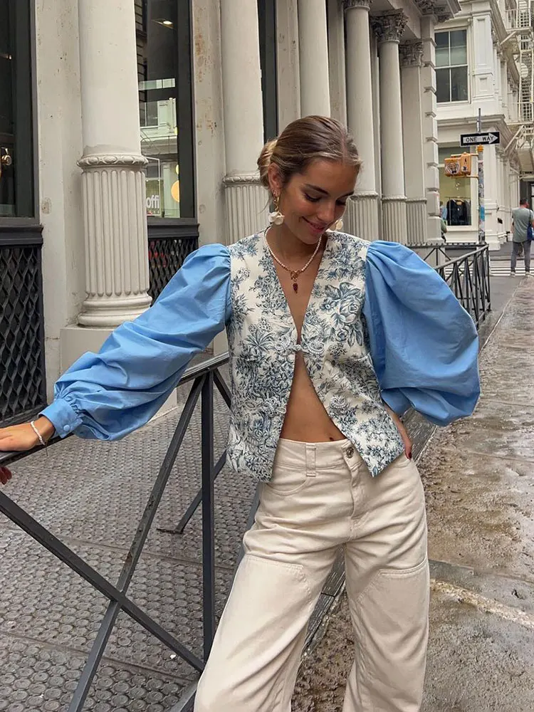 

Женская блузка с длинным рукавом-фонариком и V-образным вырезом