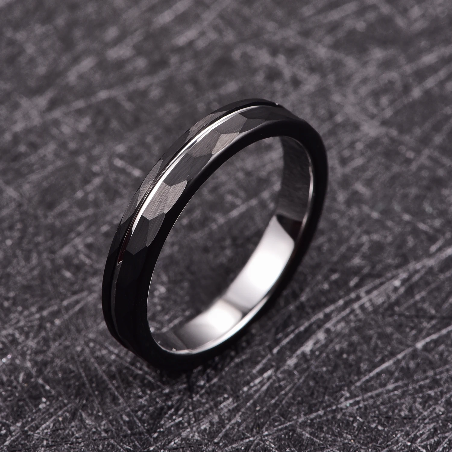 BONLAVIE 4mm Tungsten Carbide Ring Hammered Finish Grooved Black Wedding Band for Men Women Comfort Fit Rings Engagement Jewelry 2