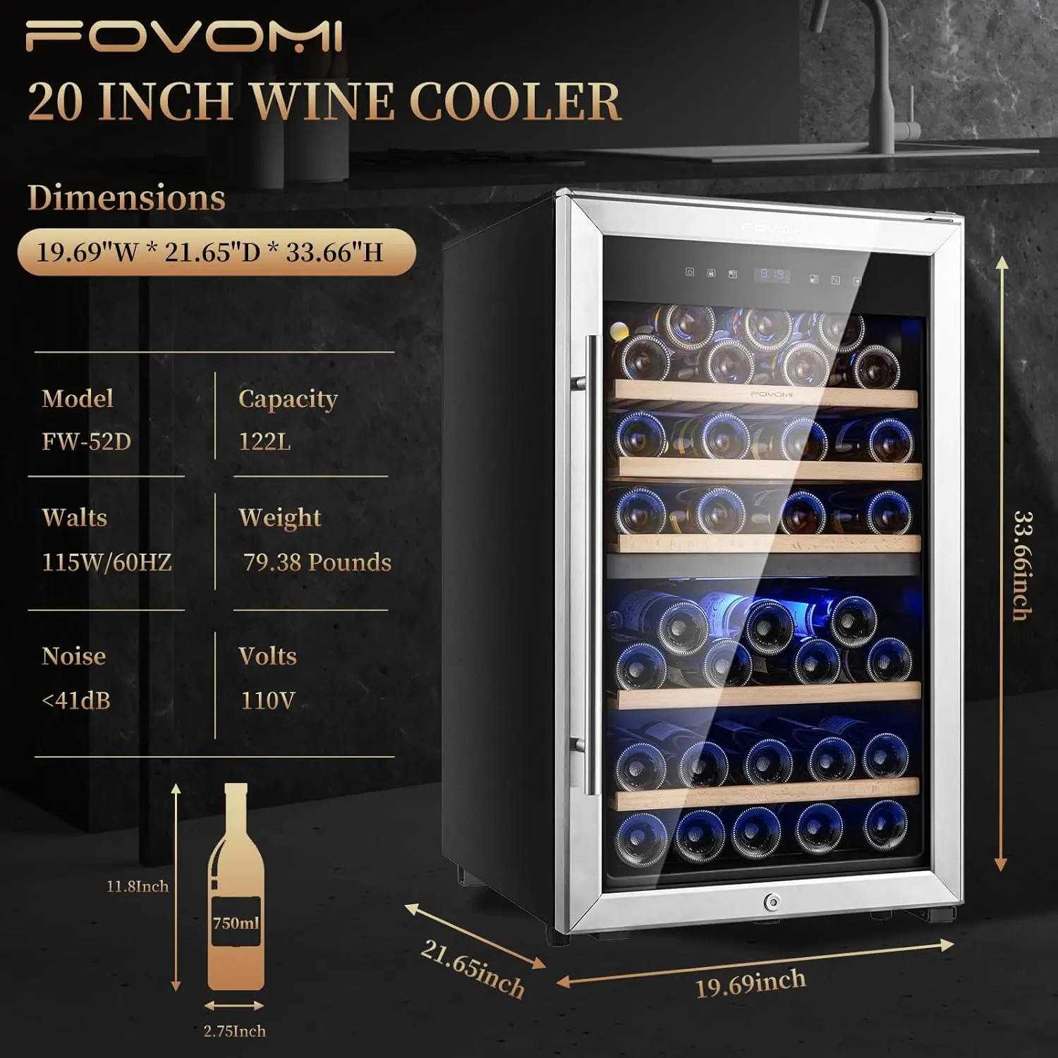 52-bottle Wine Fridge Freestanding Wine Cooler Refrigerator,(Bordeaux 750ml) Dual Zone Compressor 2