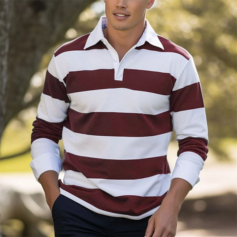 Polo a maniche lunghe a righe da uomo di moda 2025 Top casual traspiranti Polo con stampa 3D con colletto classico ad asciugatura rapida slim fit - immagine 3